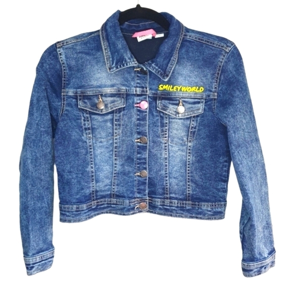 SMILEY WORLD Kids Cropped Punk Jean Trucker Jacket Yellow Smiley Face Girl Sz 12 - Picture 1 of 10